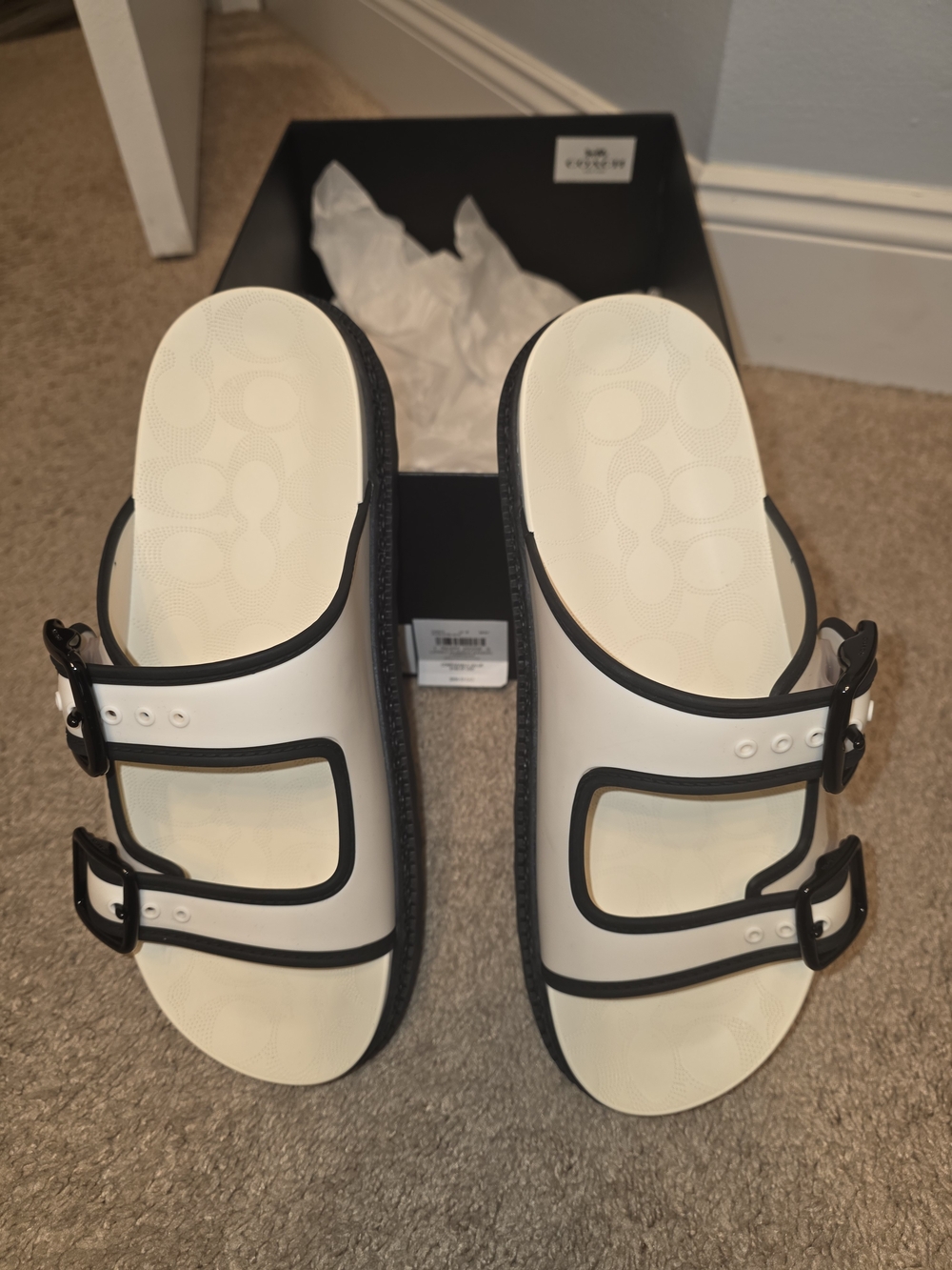 Coach White and Black Buckle Slide Sandals
